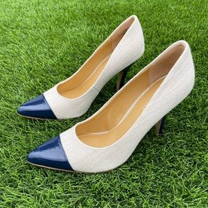 Nine West Linen & Navy Patent Heels
